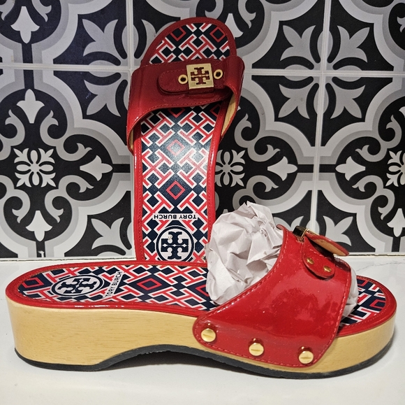 Tory Burch Dixon Patent Leather Wood Slides size 8 Womens Shoes Red Blue clogs - Picture 3 of 16